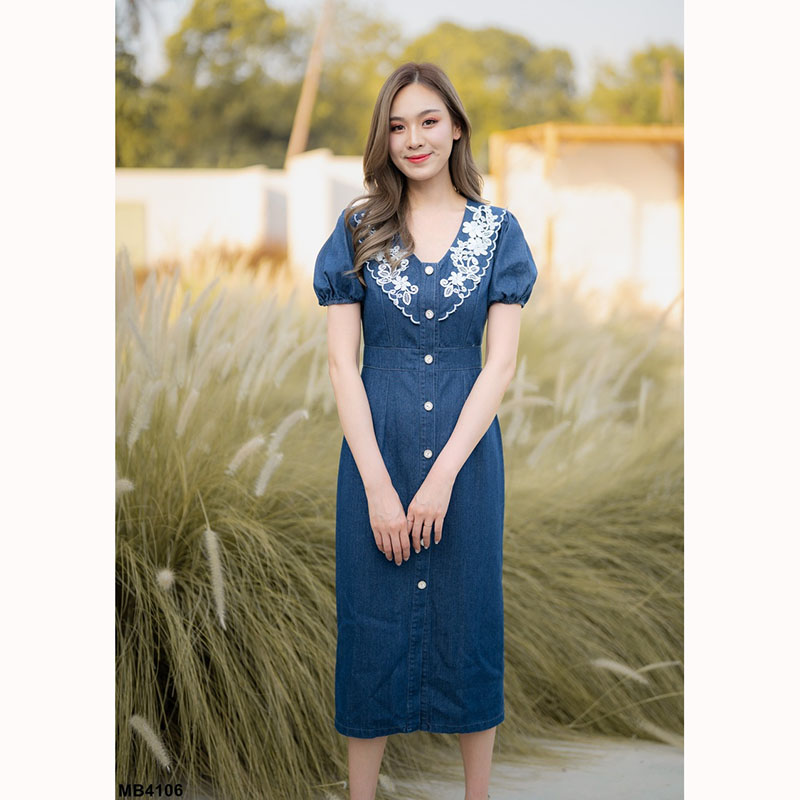 kudapy เดรสยีนส์ยาวสีกรม/สีฟ้า คอปกแต่งลูกไม้ กระดุมหน้า ใส่สบายสวยดูดี