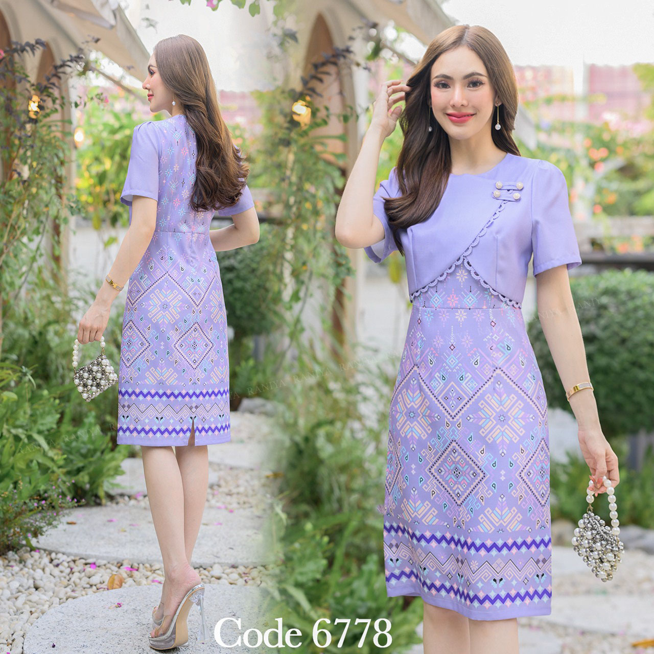 kudapy เดรสสั้น เดรสผ้าโพสลีเอสเตอร์เกาหลีแต่งกั๊กติดกระดุมมุกงาน พิมพ์ลายไทยแพรวา มีซับในและชิปหลังใส่สบาย