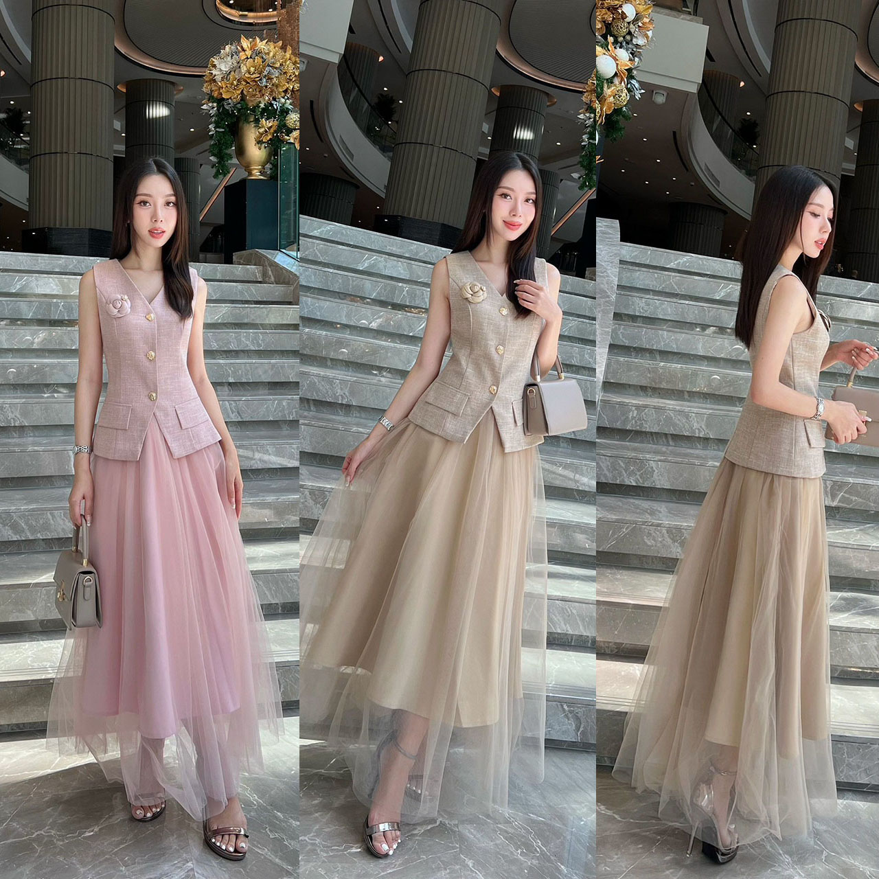 kudapy ชุดเซ็ทเสื้อแขนกุดทรงเข้ารูปแต่งกระดุมจริงสีทอง ตกแต่งกระเป๋าเสื้อให้ดูโดดเด่น(กระเป๋าหลอก)