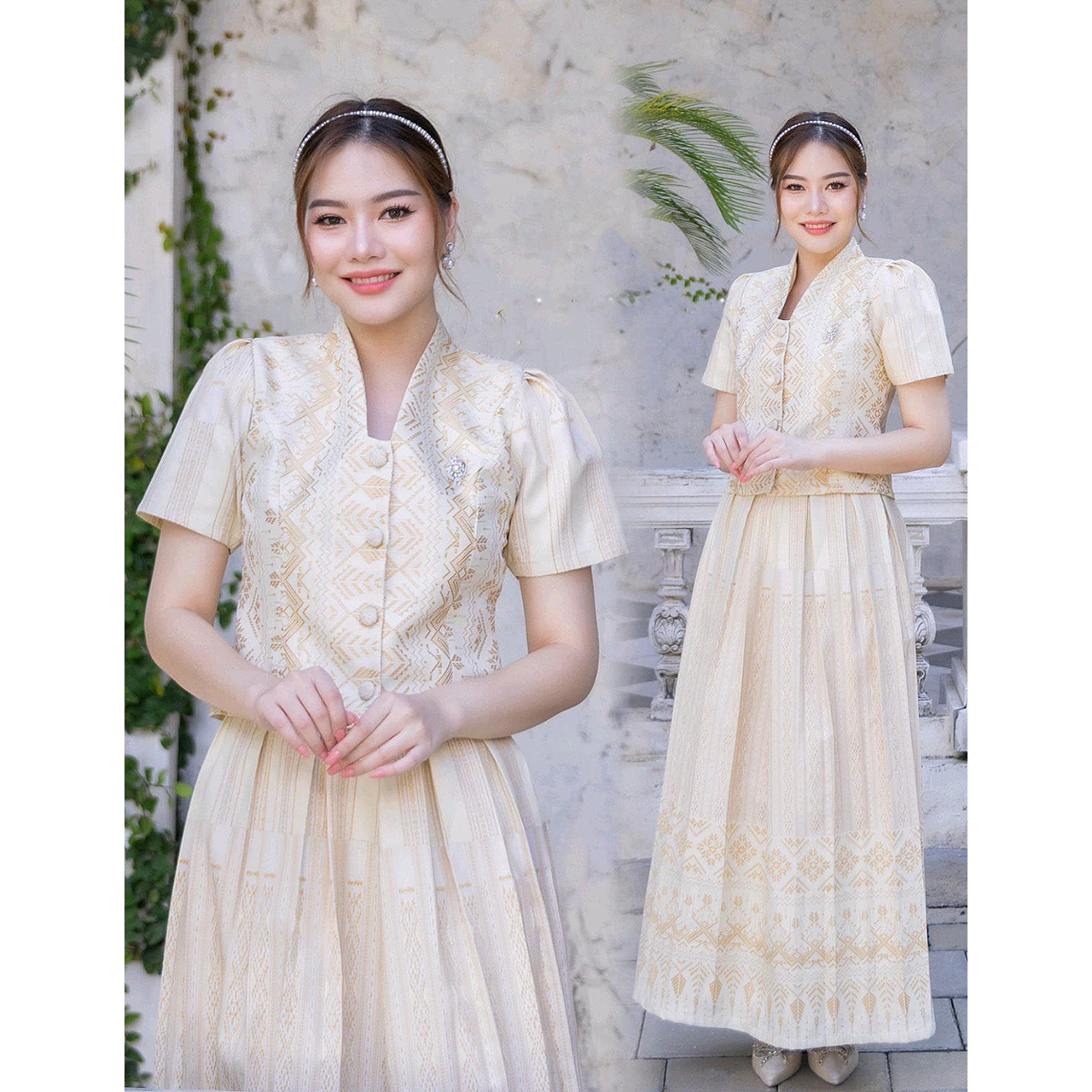 kudapy เซ็ทผ้าฝ้ายไทลื้อสีครีม งดงามอย่างไทยเป็นงานผ้าทอละเอียดสวยคมชัด อัดกาว