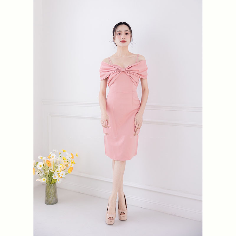 kudapy เดรสสั้นสีกรม/สีชมพู/สีแดง ชุดออกงาน ดีเทลโบว์สอดแขน รุ่นนี้เรียบหรู ลุคคุณหนู น่ารักมาก