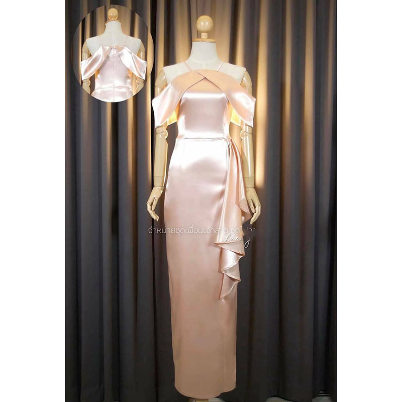 kudapy เดรสยาวสีกรมสีชมพู/สีโรสโกล/สีฟ้า เปิดไหล่ แต่งจีบเอวสวยดูดี ใส่ออกงานเป้มากๆ ดูดีทุกงาน