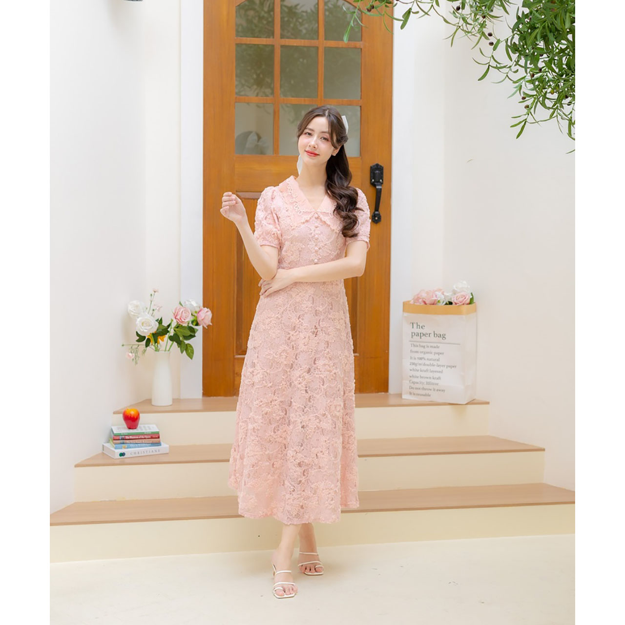 kudapy เดรสยาวผ้าถักลายดอกไม้ มีซับใน แต่งดีเทลกระดุม ใส่ออกงานแบบสวย