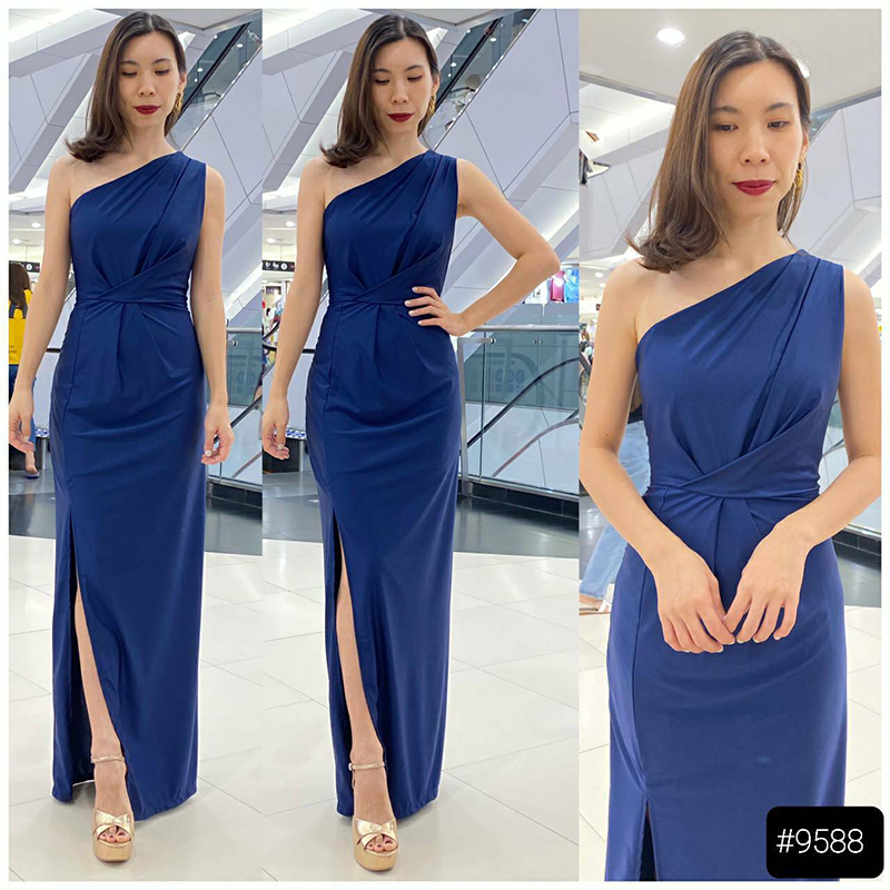 kudapy เดรสยาวสีน้ำเงิน เปิดไหล่ข้าง ผ้าใส่สวยดูดี ออกงานทุกโอกาส