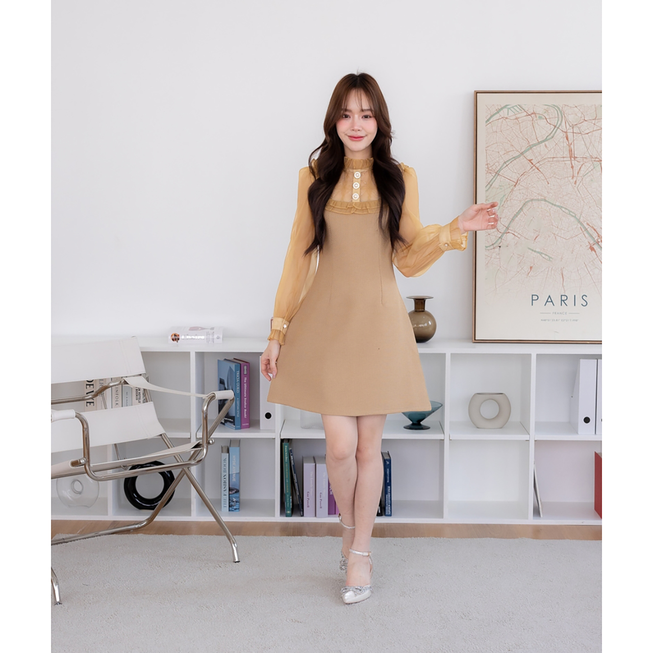 kudapy เดรสสั้นสีกรม/สีน้ำตาล เกาหลีแขนยาวชีฟอง