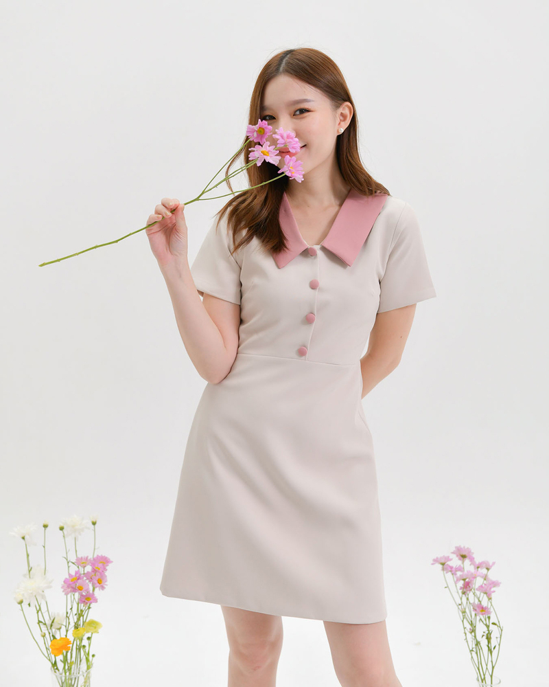 kudapy เดรสสั้นสีเขียว,มัทฉะ,ชมพูเข้ม,เขียวเลมอน,ดำ,ชมพูอ่อน,น้ำตาลเทาหม่น,ครีมชมพู,เทาฟ้า คอปกแขนสั้น กระโปรงทรงเอเล็กๆ แพทเทิร์นตัดต่อกลางตัวเสื้อแต่งกระดุมปั๊มสีเดียวกับปก