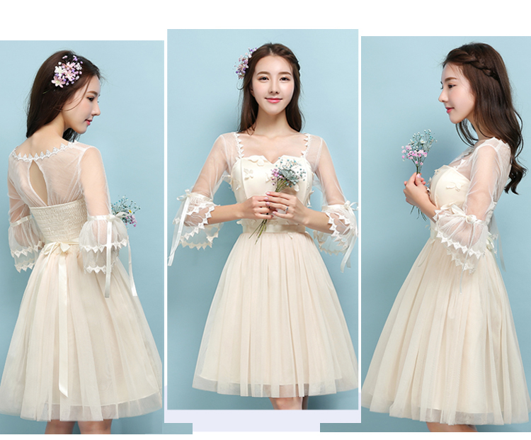 kudapy ชุดราตรีสั้นสีม่วง/สีครีมเบจ คอกลมแขน5ส่วน ผ้าซีทรูทั้งชุด ซับในผ้าซาตินอย่างดี