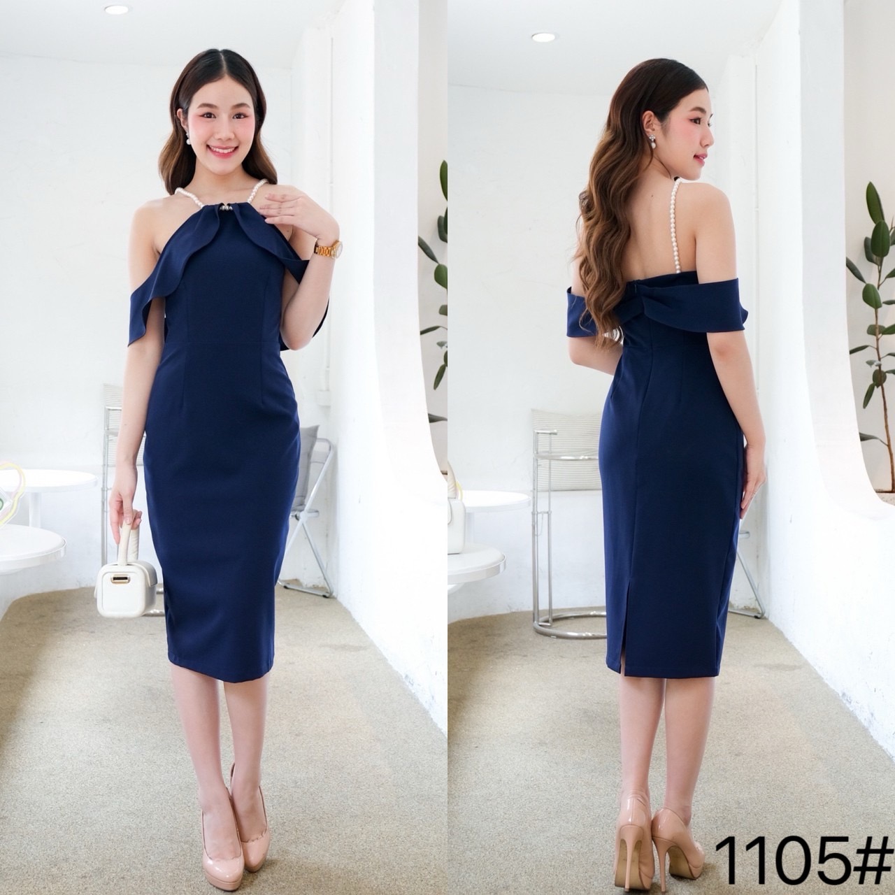 kudapy เดรสสั้น ทรงสอบ เว้าบ่า แต่งสายมุก กระโปรงสอบทรงดินสอ เก็บทรง ผ่าหลัง