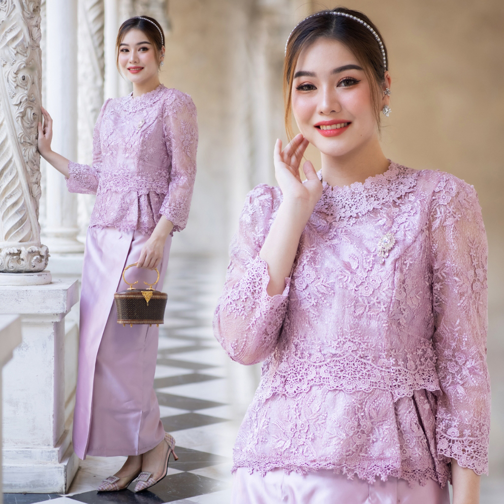 kudapy ชุดไปงานแต่งสีชมพูโรสโกลด์ เสื้อลูกไ้มฝรั่งเศษอย่างดี มีซับในซิบหลัง กับผ้าถุงสีเดียวกัน ใส่คู่นี้เกิดมากค่าแม่