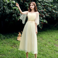 kudapy ชุดเดรสยาวคลุมเข่าใส่ออกงานสีครีม แขนเสื้อระบาย เดรสผ้ามุ้ง 2 ชั้น