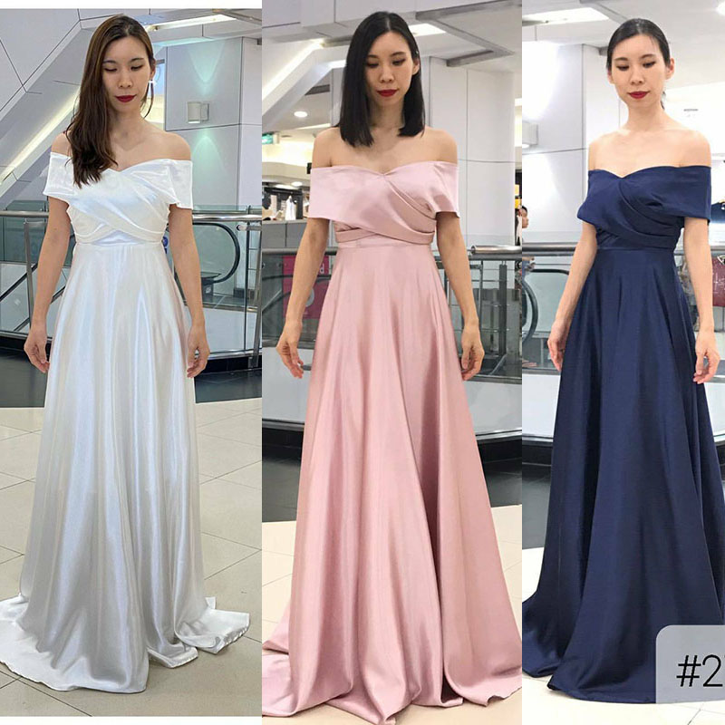 kudapy เดรสยาวสีกรม/สีชมพู/สีขาว เปิดบ่า อกไขว้ กระโปรงบานเจ้าหญิง เนื้อผ้าซาติน