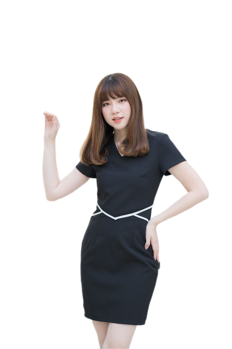 เดรสสั้นคอวี แขนสั้นสีกรมท่า,สีแดงเลือดหมู, สีดำ, สีน้ำตาล ,สีม่วง แต่งลายที่เอว เดรสทำงานทรงสวย งานดีมาก ซิบหลัง ซับใน