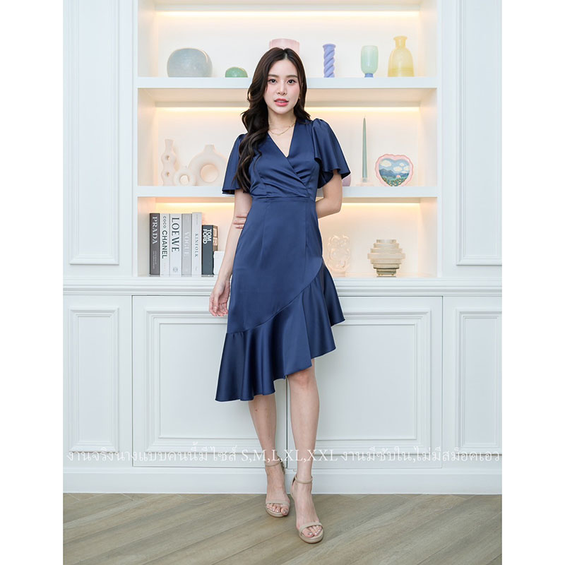 kudapy เดรสสั้นสีแดง/สีน้ำเงินกรมท่า/สีสีชมพู ออกงาน คอวีแขนระบาย ชายกระโปรงระบายสวยเก๋ แนวเรียบร้อยสวยหรูดูแพง เหมาะสำหรับใส่เป็นชุดราตรี