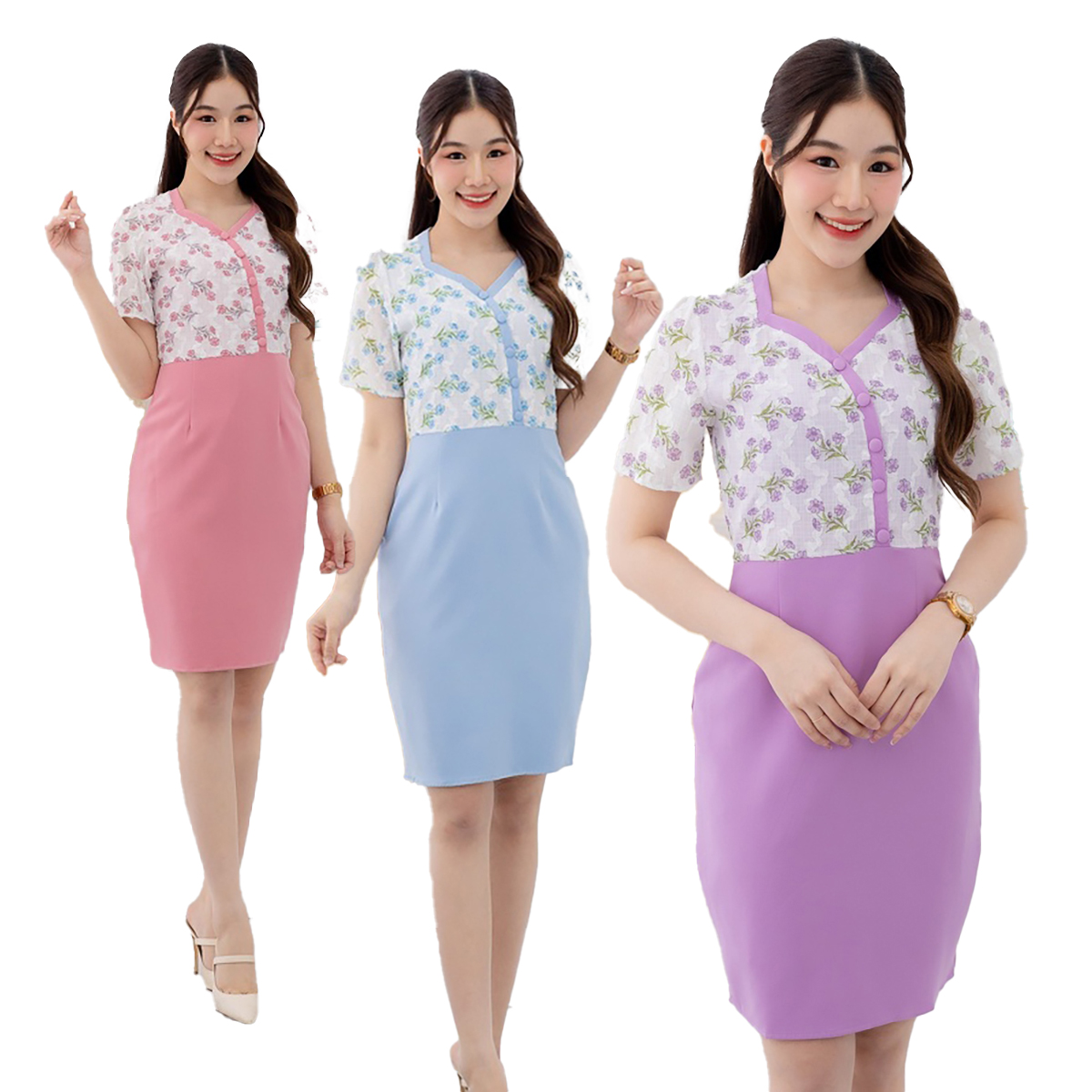 kudapy เดรสสั้นคอวีสีฟ้า,สีชมพู,สีม่วง เดรสสั้นพิลพ์ลายดอก ทรงเอ
