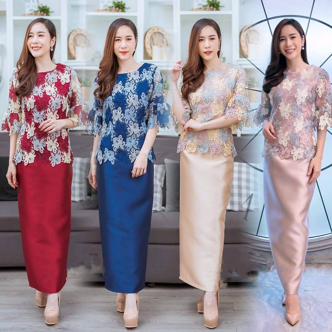 kudapy ชุดเซตไปงาน เซตลุกไม้ สีแดง/สีครีมทอง/สึน้ำเงินกรมท่า/สีชมพูนู้ด เซตเสื้อลูกไม้คอกลมแขนกระดิ่ง+กระโปรงผ้าไหมอิตาลีทรงเอ ลูกไม้ปักเลื่อม มีซับใน ซิบหลัง