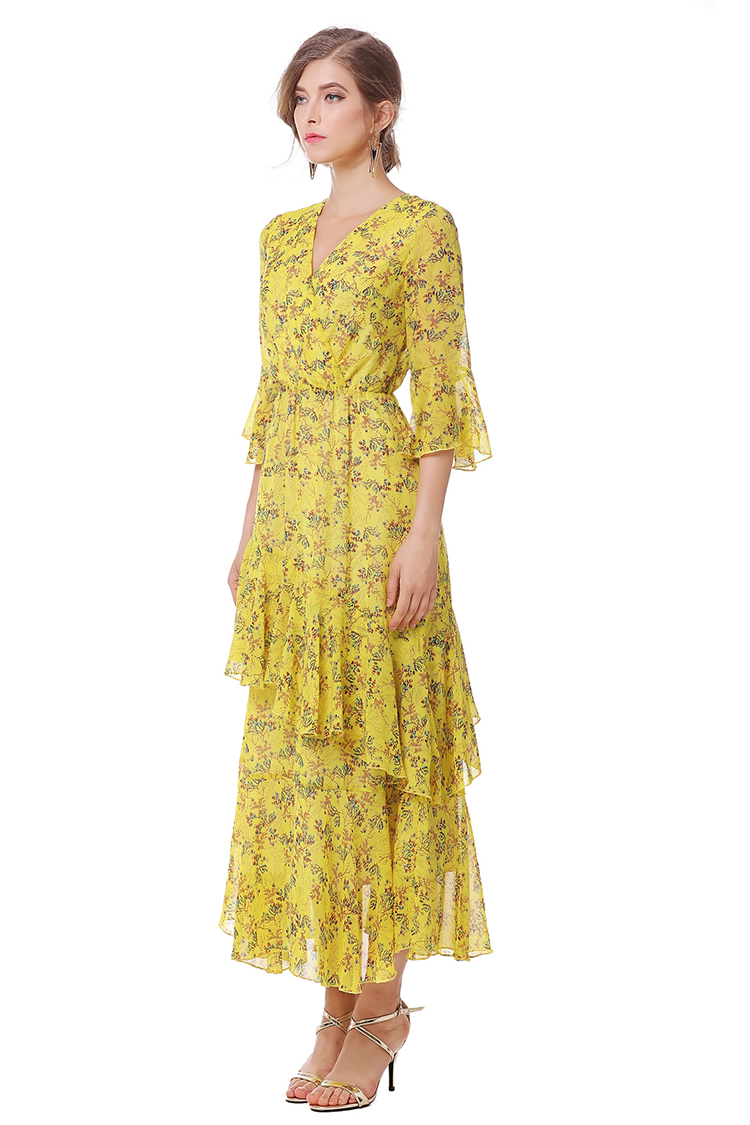 เดรสยาวคอวีผ้าชีฟองแต่งระบายสีเหลืองพิมพ์ลายดอก สไตล์โบฮีเมียนใส่ไปทะเลหรือใส่ไปงานได้ค่ะ M L