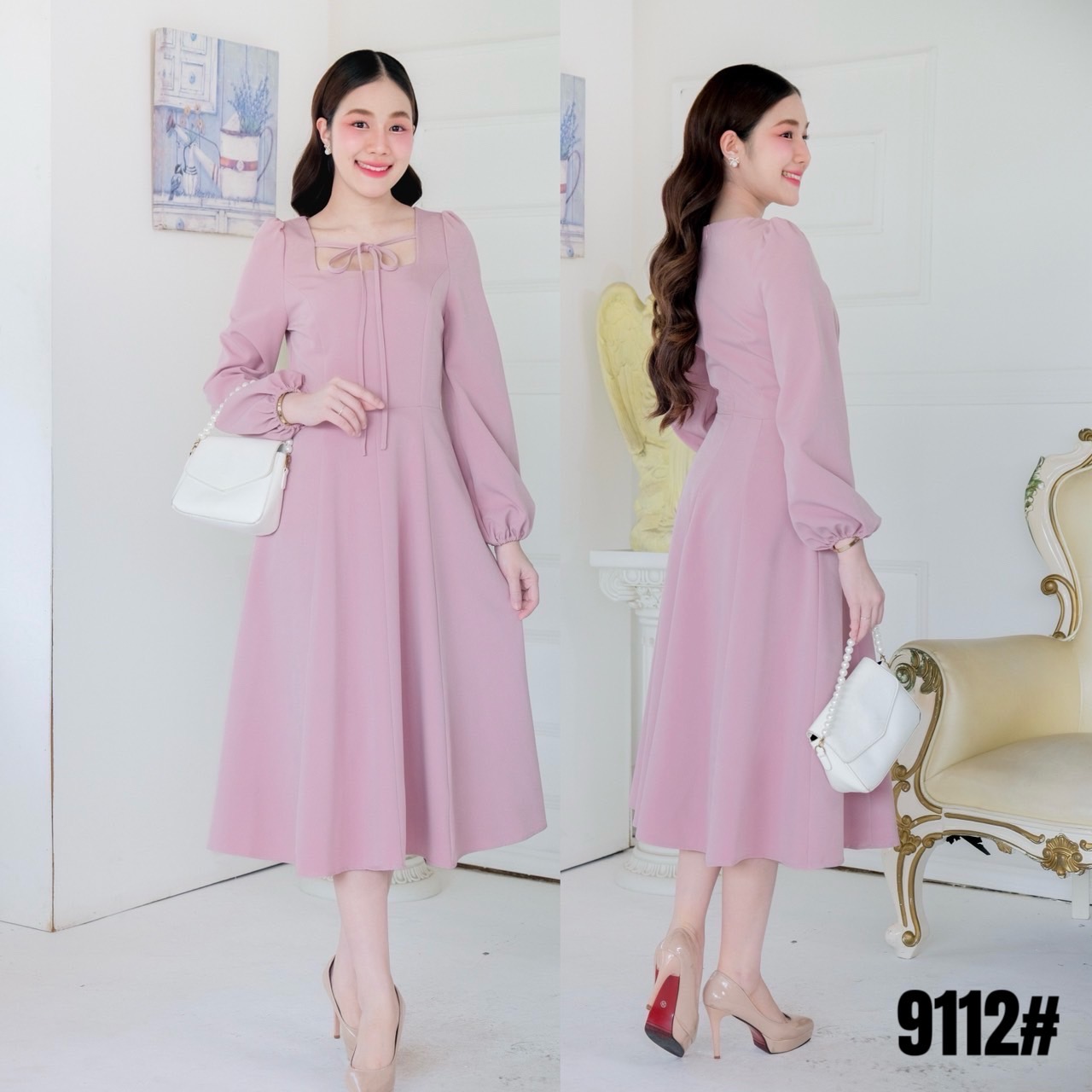 kudapy เดรสยาวคอเหลี่ยม แต่งริ้บบิ้นผูกคอ แขนยาวขอมือใส่ยางยืด กระโปรงบานใช้ผ้าต่อ8ชิ้น