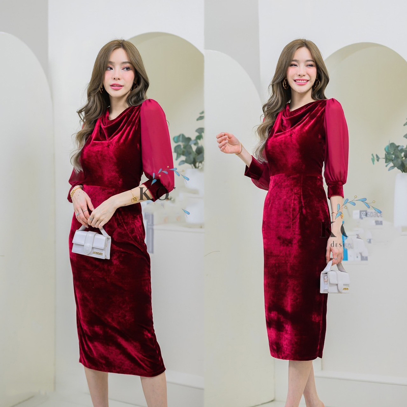 kudapy เดรสสี/สีกรม/สีแดง/สีเขียว กำมะหยี่ แขนยาวแต่งแขนชีฟอง คอถ่วงผ่าหลังเรียบหรู ไฮโซและให้ลุคกึ่งทางการ