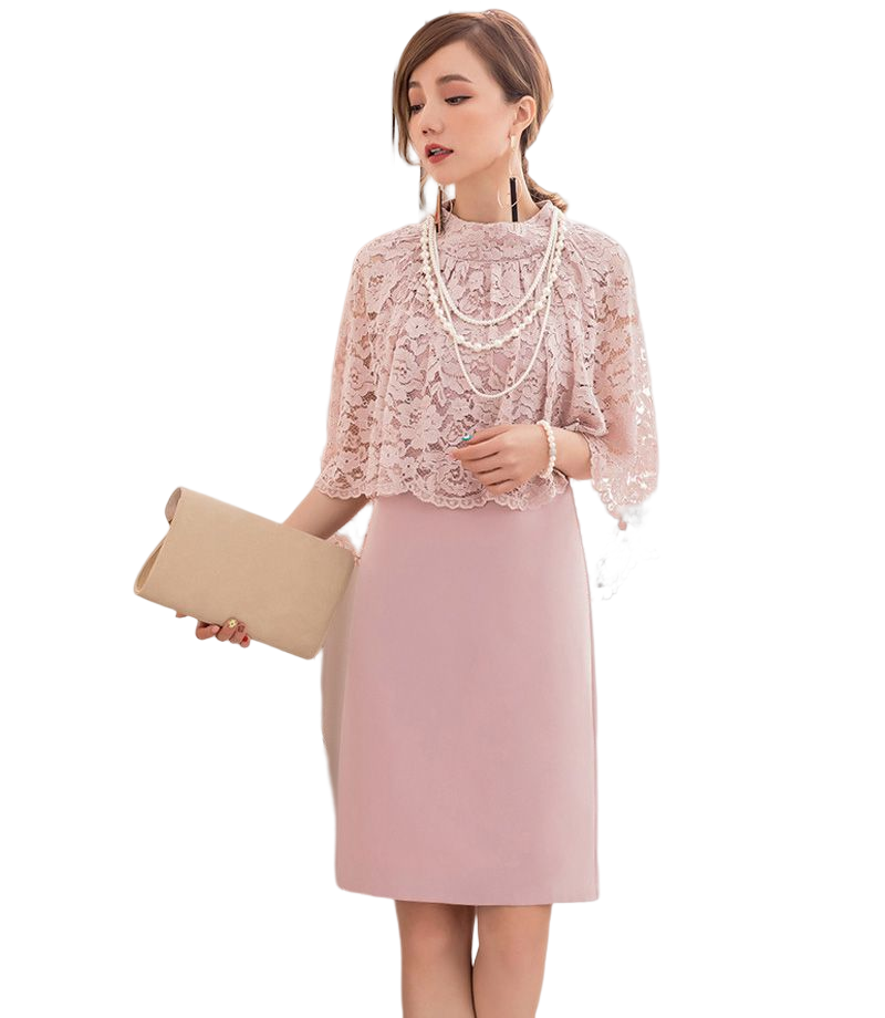 kudapy เดรสออกงานสีชมพู/สีดำ/สีกรมท่า ผ้าทวิลเกาหลี ดีไซน์ลูกไม้คลุมไหล่ แพทเทิร์นทรงตรง ผ่าหลัง ซิปซ่อนด้านหลัง มีซับในตัว