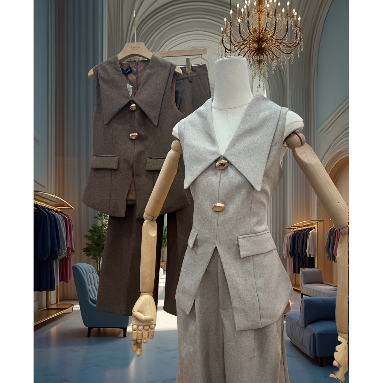 kudapy เซ็ตสุดหรูดูแพง ดีไซน์เรียบแต่แฝงความสง่างาม เหมาะสำหรับใส่ทำงาน ไดีไซน์เสื้อ ทรงเบลเซอร์แขนกุด ปกคอขนาดใหญ่เพิ่มมิต