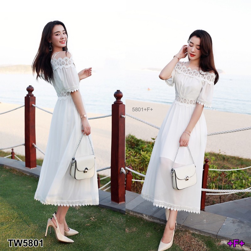 kudapy เดรสตัวยาวสีขาว ชมพู ดำ แดง เหลือง สายเดี่ยว2เส้น ดีไซน์ปาดไหล่ ผ้าชีฟอง ปาดไหล่ลูกไม้ถักทออย่างละเอียด