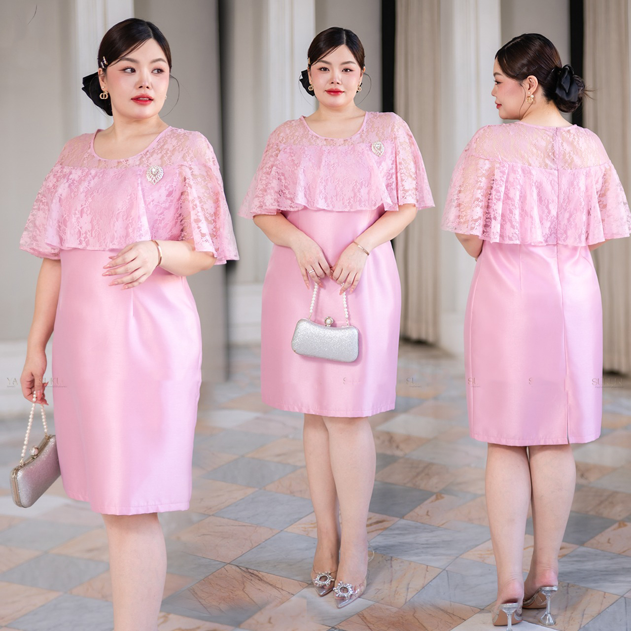 kudapy เดรสผ้าไหมญี่ปุ่นคอปาด แต่งระบายลูกไม้ช่วงคอและแขน กระโปรงทรงสอบผ่าหลังเล็กน้อย