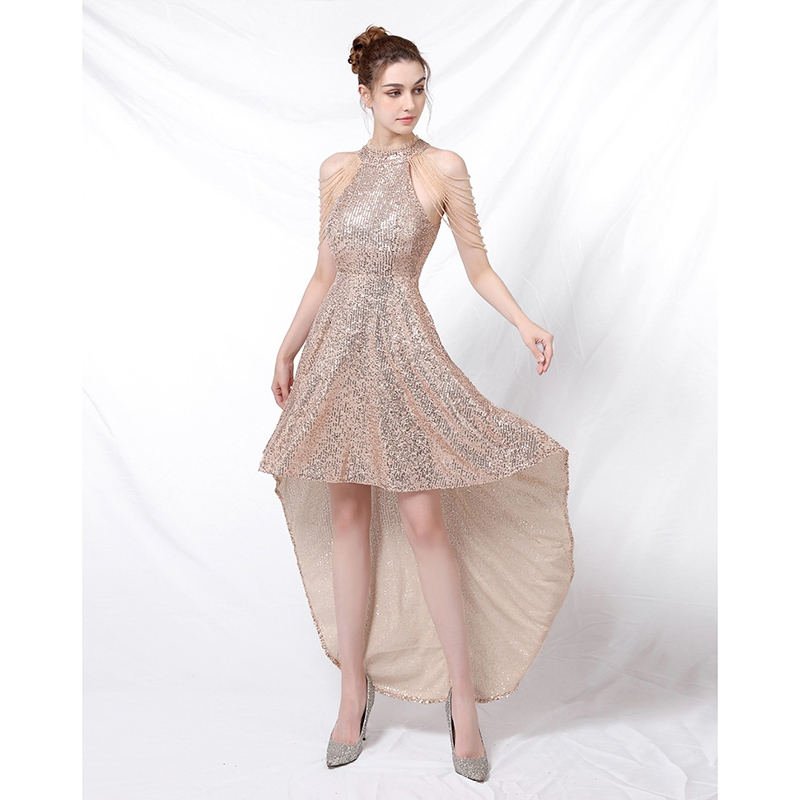 kudapy เดรสหน้าสั้นหลังยาวสีแดง/สีทอง/สีเทา ออกงานหน้าสั้นหลังยาว ดีไซน์โชว์ไหล่ประดับสร้อยแฮนด์เมด เนื้อผ้าปักเลื่อมสวยงามทั้งตัว