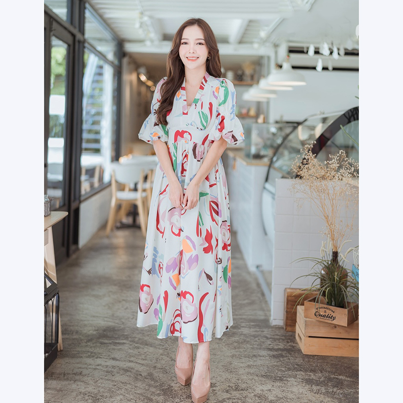 kudapy เดรสยาวคอวี แขนพอง สีขาว,สีชมพู คอวีกระดุมหน้าดูดีสวยใส่สบายสไตส์คุรหนูมากๆ