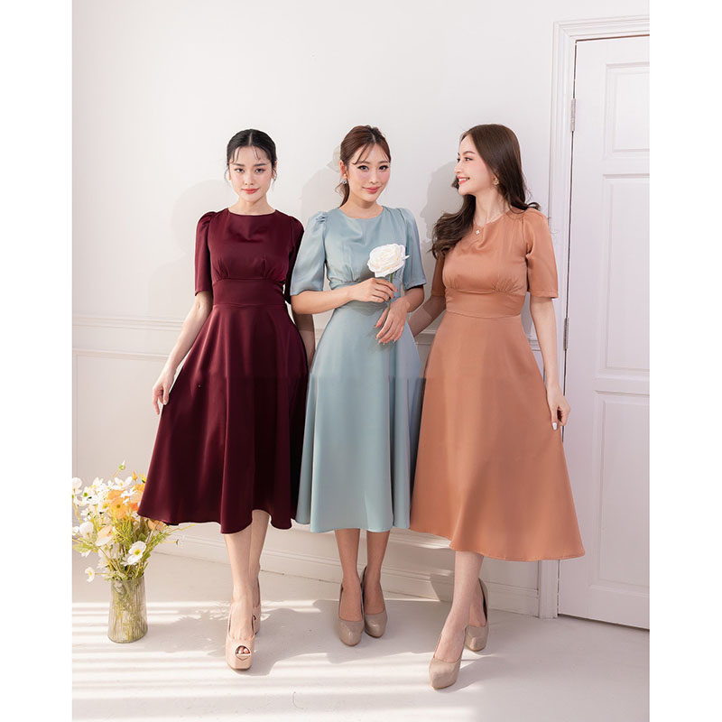 kudapy เดรสสั้นสีเขียว/สีน้ำตาล/สีฟ้า/สีชมพู กระโปรงบาน แขนสั้น ทรงรุ่นนี้ใส่แล้วสวยหวาน