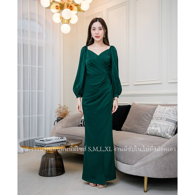 kudapy เดรสราตรีแขนยาวปาดคอวีสีแดง/สีเขียว/สีชมพู ผ่าสูงข้าง งานสวยคุ้มราคา ซิปหลังมีซับใน เริ่ดมากก