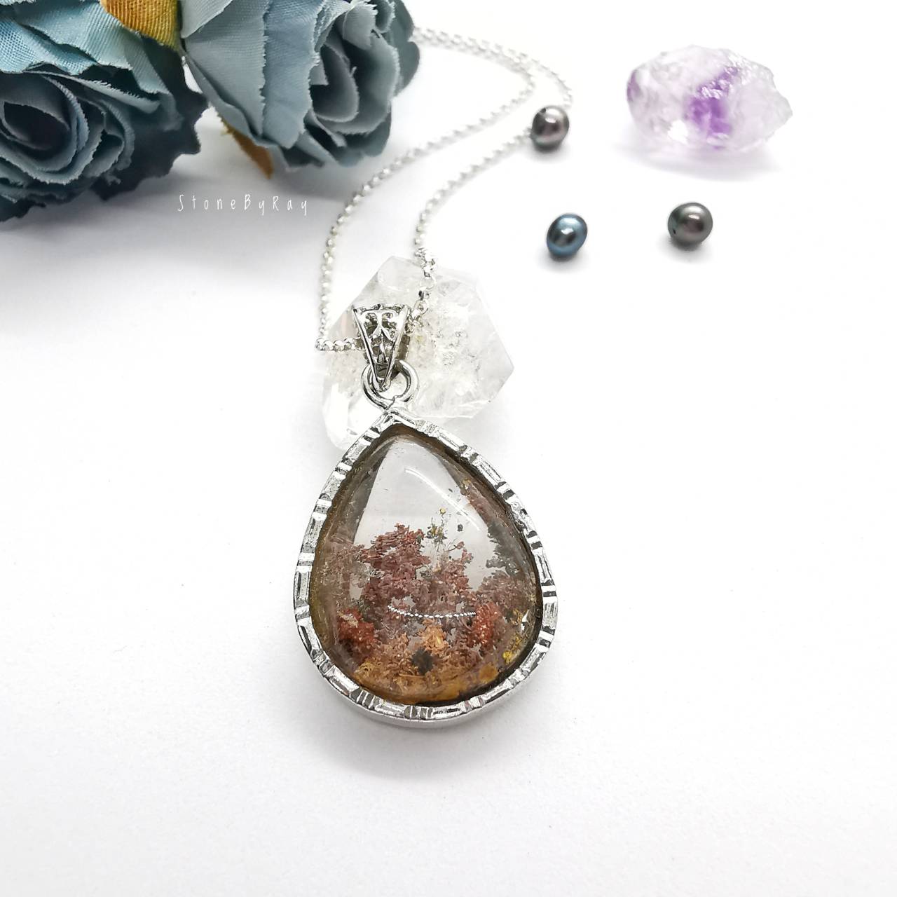 สร้อยคอเงินจี้หินโป่งข่าม Lodolite Quartz