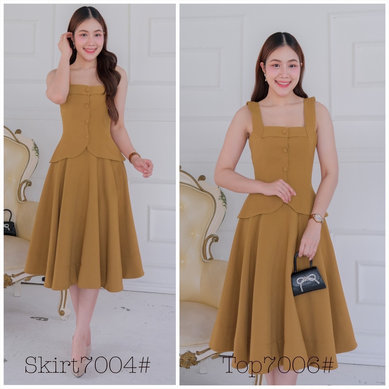 kudapy ชุดเซ็ทเสื้อแขนกุดกระดุมหน้า ชายโค้งทิวลิป คอตตอนวูลบาง อัดกาว กระโปรงทรงบานเอวสูง พริ้วสว