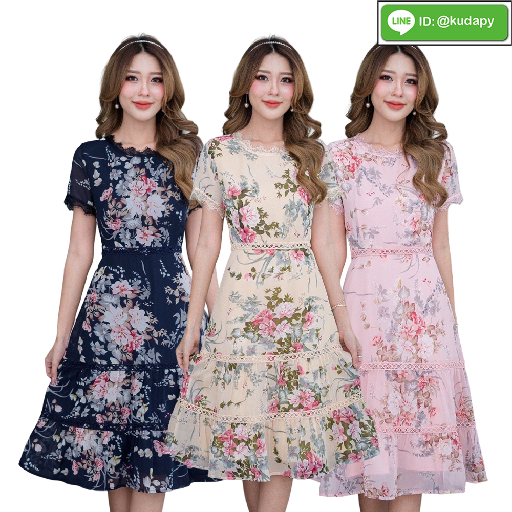 kudapy เดรสสั้นคอกลมแขนสั้นสีชมพู สีเหลือง สีกรมท่า เดรสผ้าชีฟองพิมพ์ลายสวยหวาน มีซิบหลัง ซับในอย่างดีค่ะ