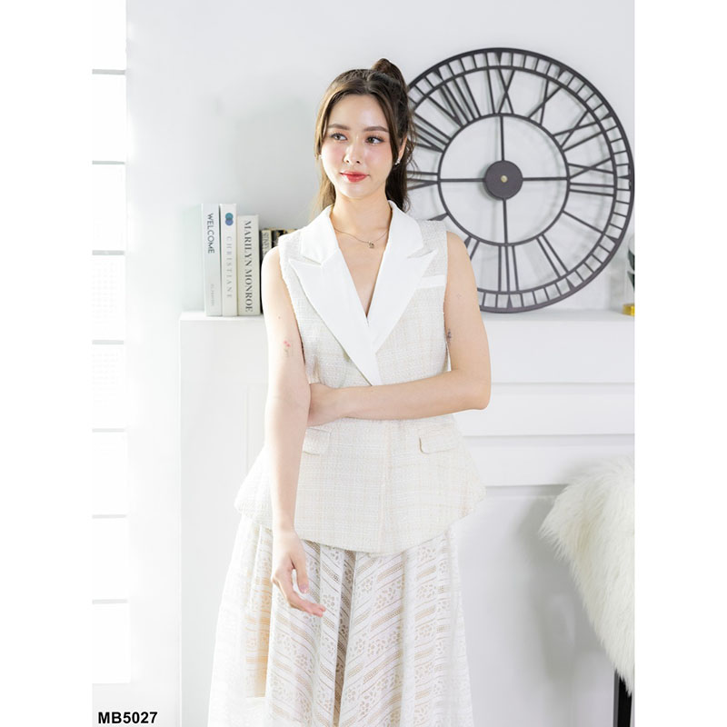 kudapy เซตเสื้อทรงสูทสีชมพู/สีขาว/สีดำ แขนกุด+กระโปรงยาวตาข่าย แต่งผ้าระบาย