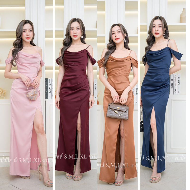 kudapy เดรสยาวเปิดไหล่ใส่ออกงาน สีชมพู/สีกรม/สีน้ำตาลอิฐ/สีแดงเลือดหมู ซับในทั้งชุด ผ้าเครปซาตินเนื้อดี