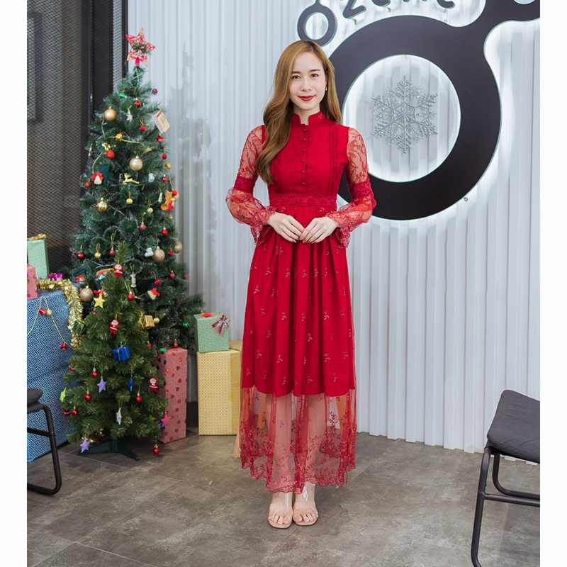 kudapy เดรสยาวสีแดง/สีชมพู/สีขาว คอจีนแขนลูกไม้ซีทรู สวยดูดีน่าารัก