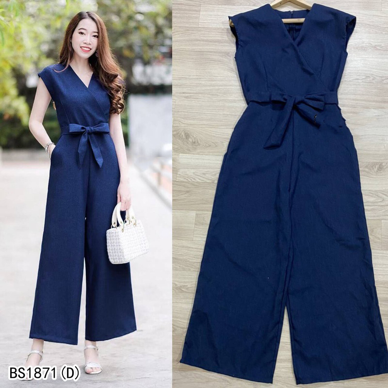 kudapy จั้มสูทขายาว แขนกุดเนื้อผ้าลินินสีพื้น ช่วงเอวแต่งไขว้ มีเชือกผูกโบว์ที่เอว