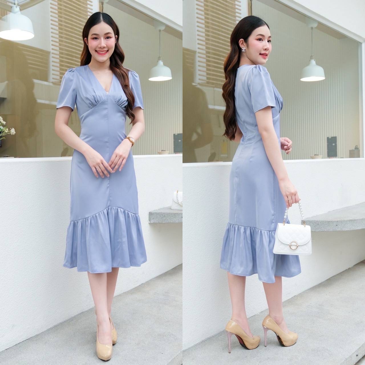 kudapy เดรสแขนสั้นสีชมพู/สีครีม/สีน้ำตาล/สีฟ้า/สีเขียวขี้ม้า/สีม่วง เอวสูง ตีเกร็ดเอว กระโปรงฟรีสะโพก ปลายหางปลา