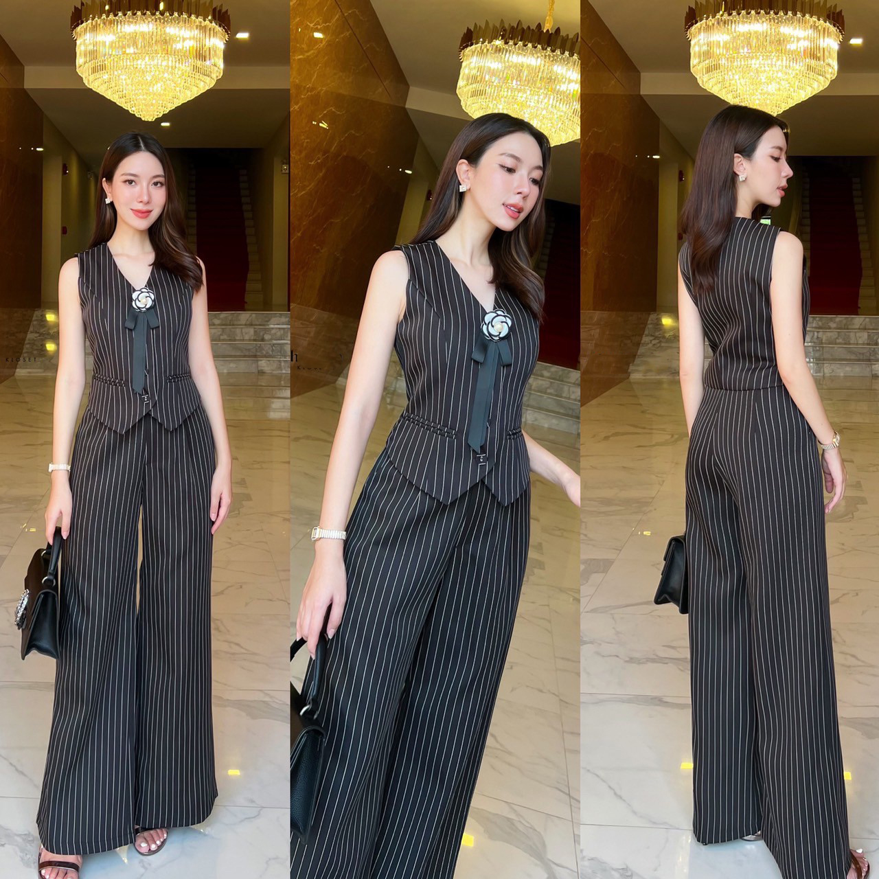 kudapy ชุดเซ็ทลายริ้วเสื้อแขนกุด+กางเกางขายาว ตัวเสื้อทรง vest กระดุมจริง แต่งกระเป๋าหลอกซ้ายขวา กางเกงขายาวใช้ผ้าเดียวกับเสื้อ