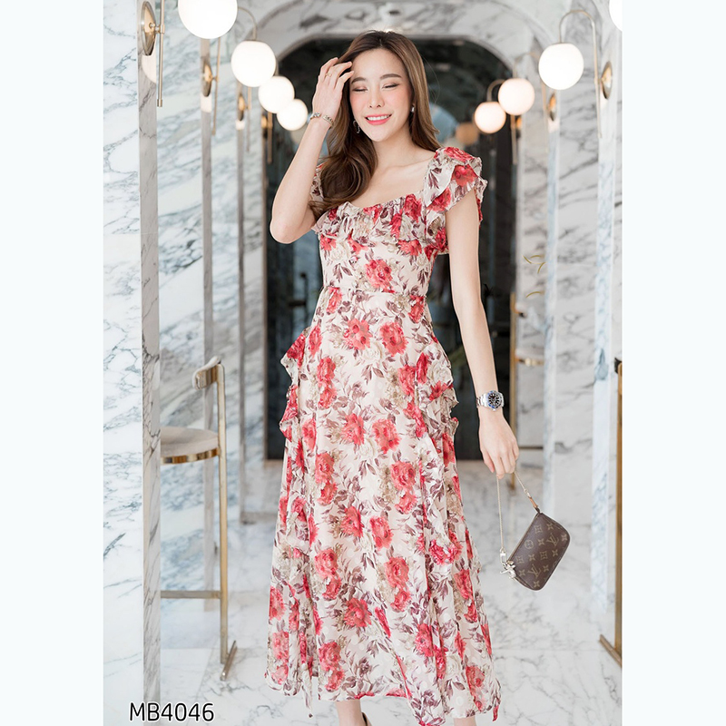 kudapy เดรสยาวสีแดง/สีเหลือง ปาดไหล่ระบายกุหลาบใส่สวยดูดีคุณหนูมากๆ