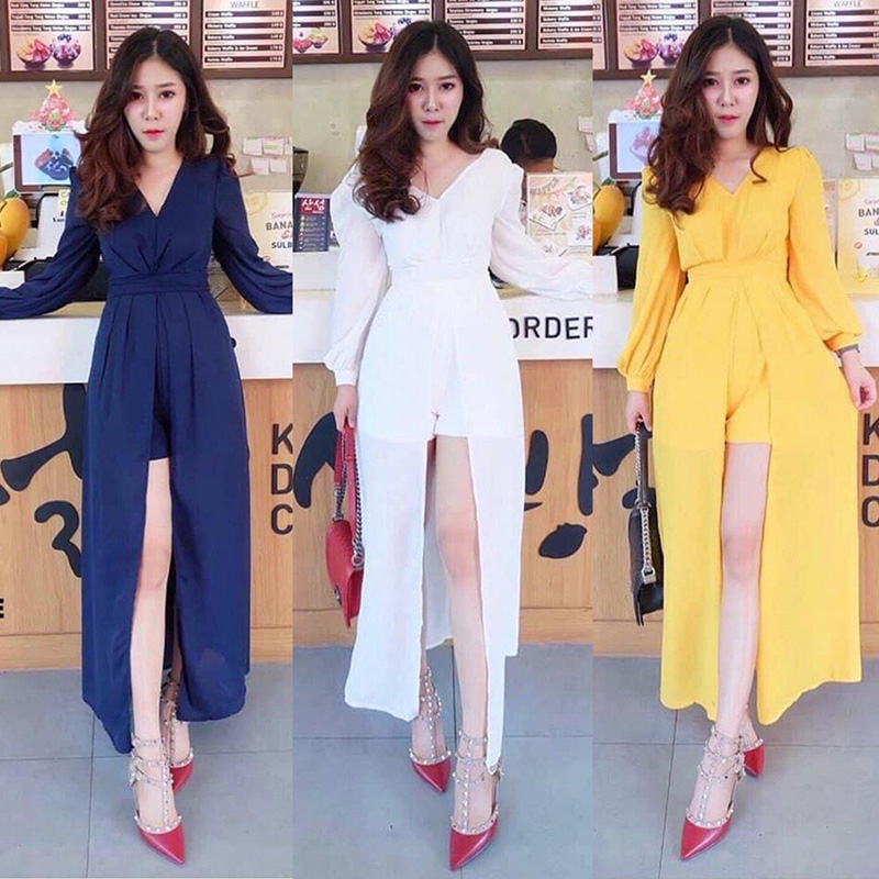 kudapy เดรสจั้ม แขนยาวกระโปรงยาวผ่าหน้า มีกางเกงด้านใน ผ้าพริ้วสวย งานใส่สบาย