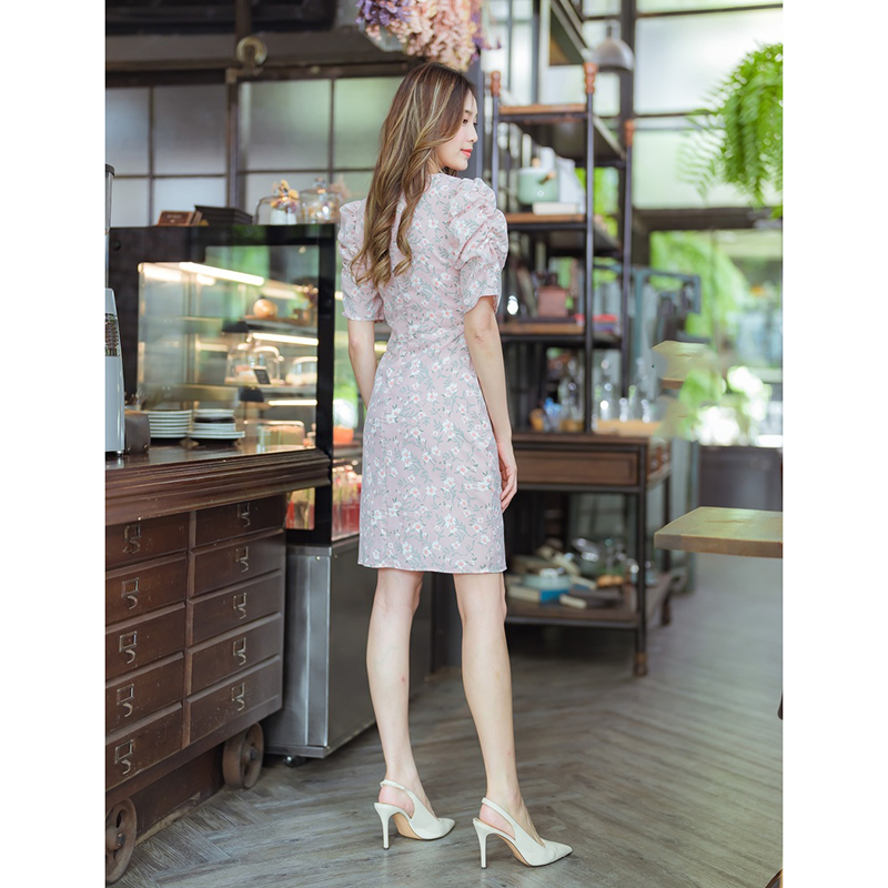 kudapy เดรสสั้นสีชมพู/สีดำ/สีเเหลือง เดรสทำงานทรงสูทลายดอก