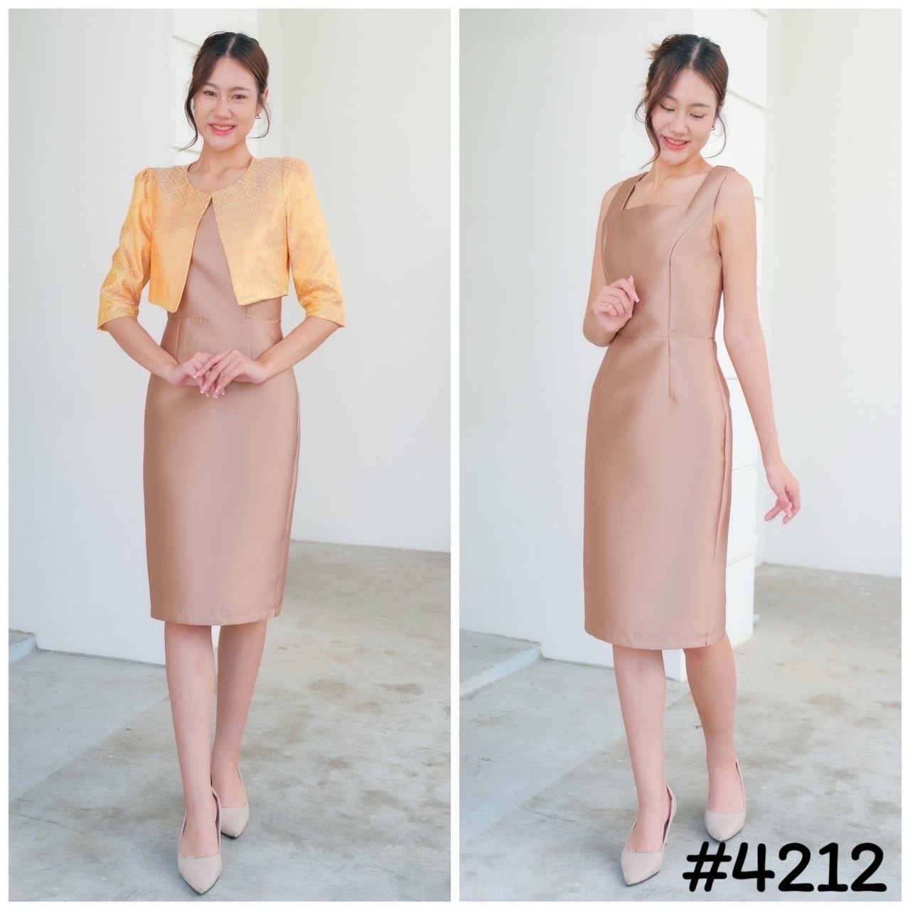 kudapy Set เสื้อคลุมทอลายไทย แมชสีเดรสผ้าไหม ทรงสอบเข้ารูปกระโปรงยาวคลุมเข่า