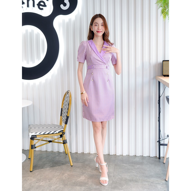 kudapy เดรสสั้นสีม่วง/สีกรม/สีชมพู คอปกสูทลายสก็อต