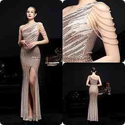 kudapy ชุดราตรียาวไหล่เฉียงข้างสีทองโรสโกลด์ ชุดไปงานแต่งทรงหางปลา เดรสเข้ารูปผ้ายืดปักกริสเตอร์ทั้งชุด งานสวยมีซับอย่างดีค่ะ