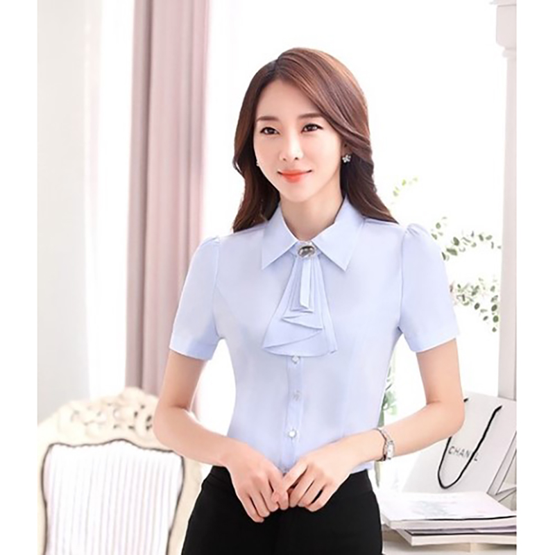 kudapy เสื้อทำงานผู้หญิงแขนสั้น โบว์ถอดได้ สีฟ้าอ่อน