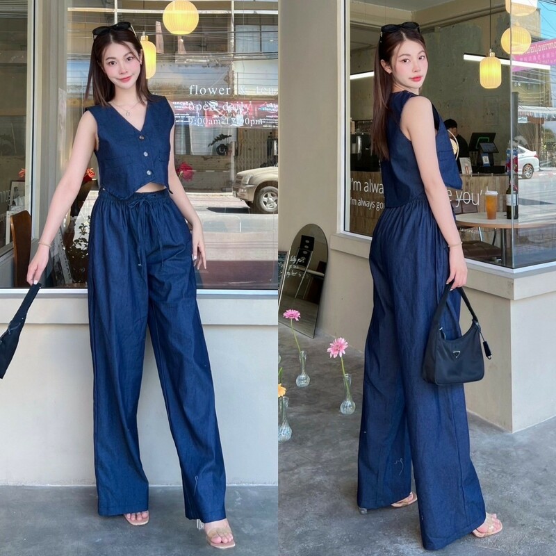 kudapy Set 2 ชิ้น เสื้อครอปคอวี + กางเกงขายาว เซต ยีนส 2ชิ้นใส่เที่ยวทะเล ออร่ามาแต่ไก SUMMER นี้ ห้ามพลาดค่ะ