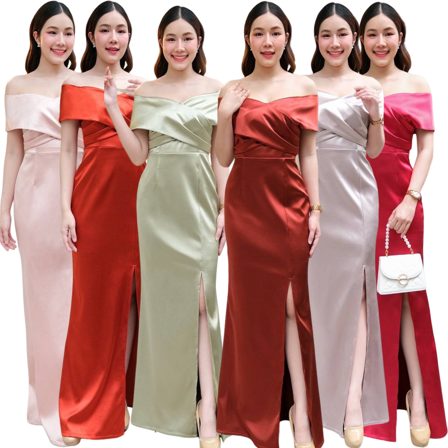 kudapy เดรสยาวสีฟ้า/สีขาว/สีน้ำตาล/สีแดง/สีทอง/สีชมพู/สีเทา/สีกรม/สีเขียวอมเทา/สีส้มอิฐ ผ้าดัชเชสอัดกาว เปิดบ่า ไขว้อก ผ่าหน้าขา sexy เล็กๆ ซิปหลังใส่ง่าย