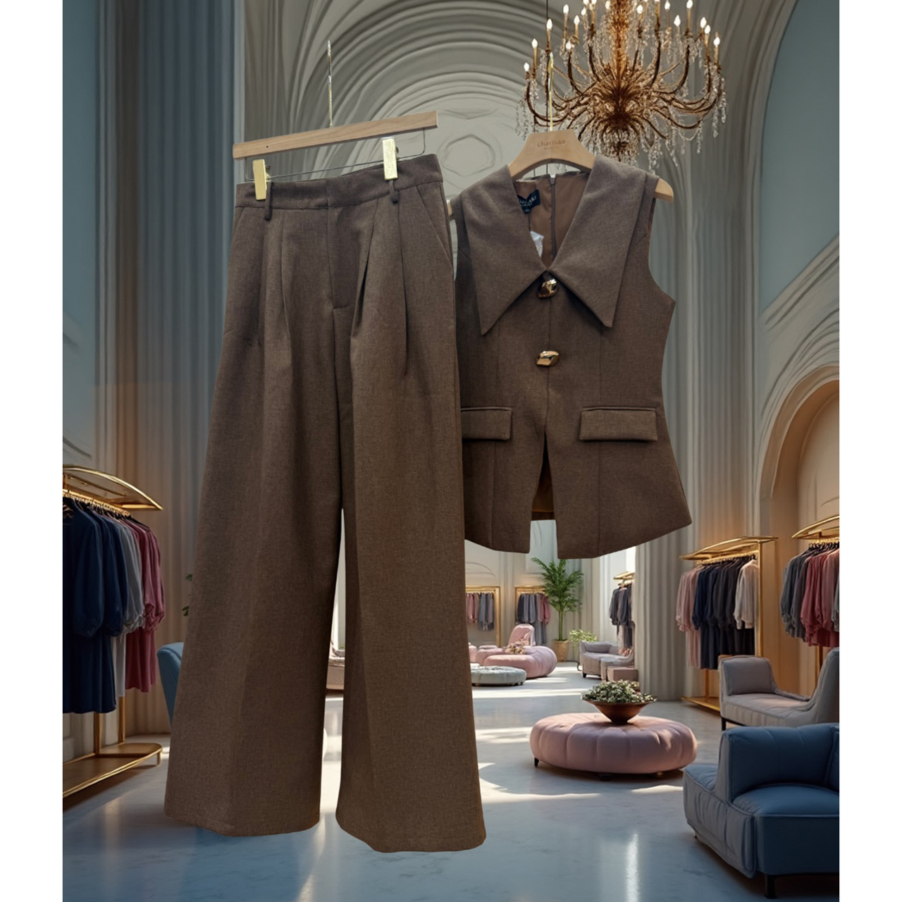 kudapy เซ็ตสุดหรูดูแพง ดีไซน์เรียบแต่แฝงความสง่างาม เหมาะสำหรับใส่ทำงาน ไดีไซน์เสื้อ ทรงเบลเซอร์แขนกุด ปกคอขนาดใหญ่เพิ่มมิต