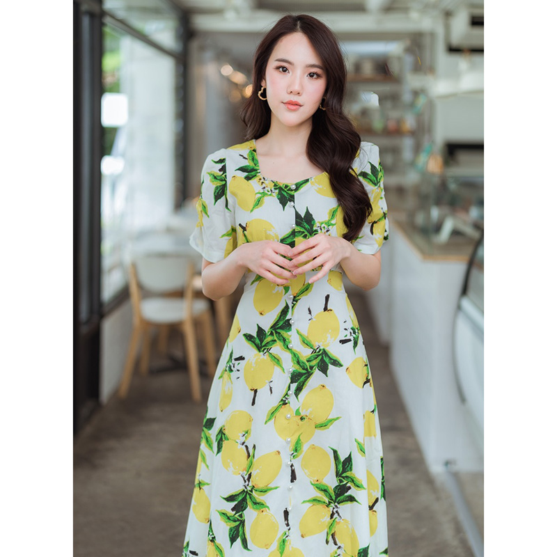 kudapy เดรสยาวพิมพ์ลายดอกสีกรม,สีขาว ลายมะนาวผ้าใส่สบายสวยดูดีมากๆ